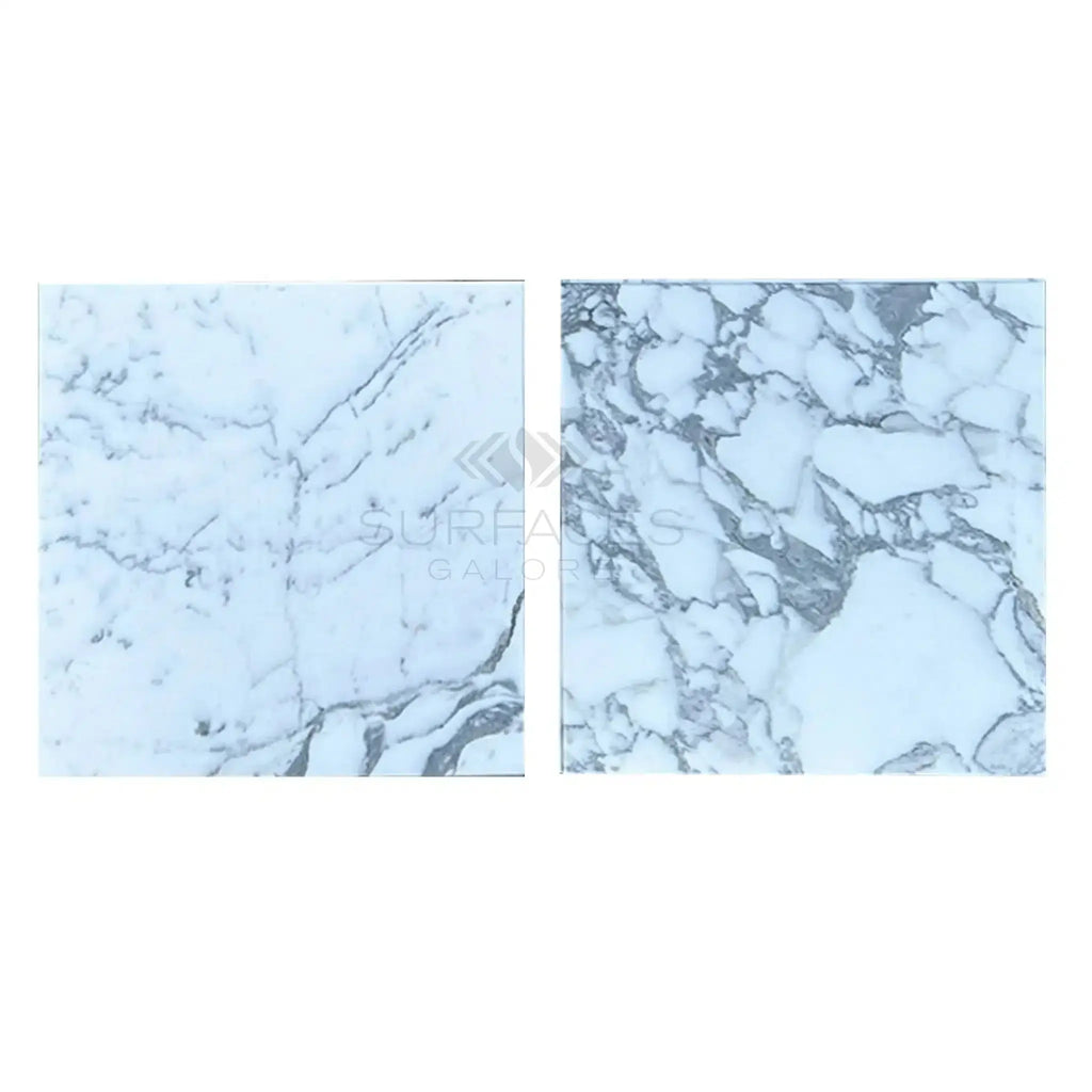 Two square Arabescato Corchia 12X12 polished marble tiles displayed together