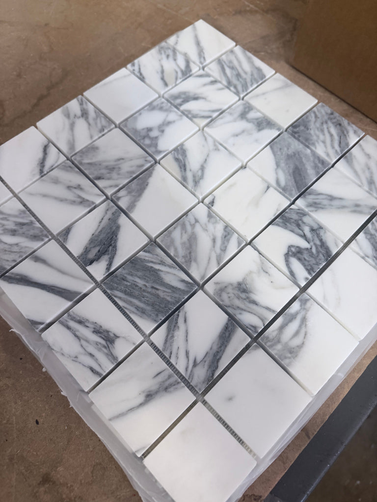 Polished Arabescato Corchia 12x12 marble tile with white gray swirling mosaic pattern