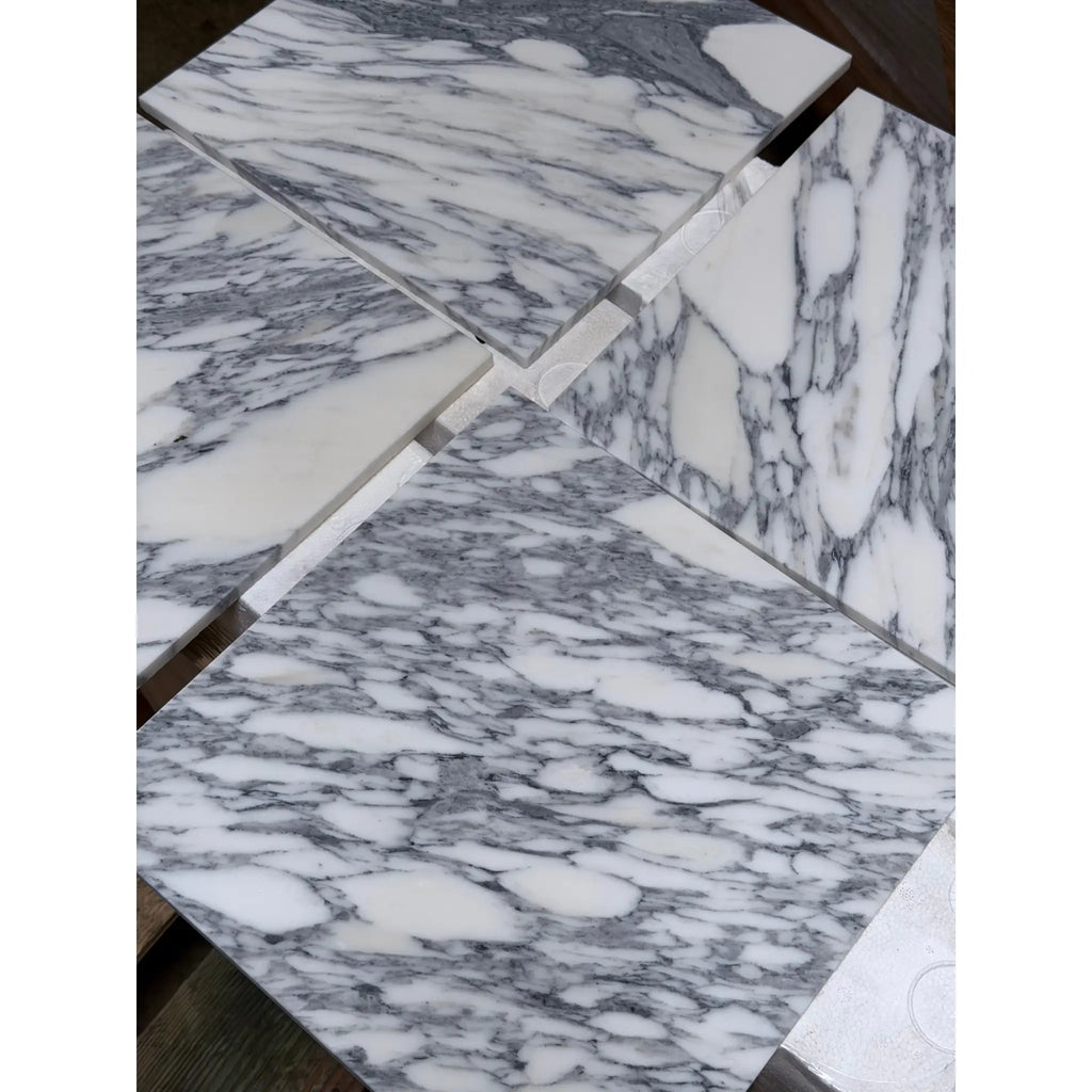 White and gray patterned Arabescato Corchia 12x12 marble tiles polished or honed