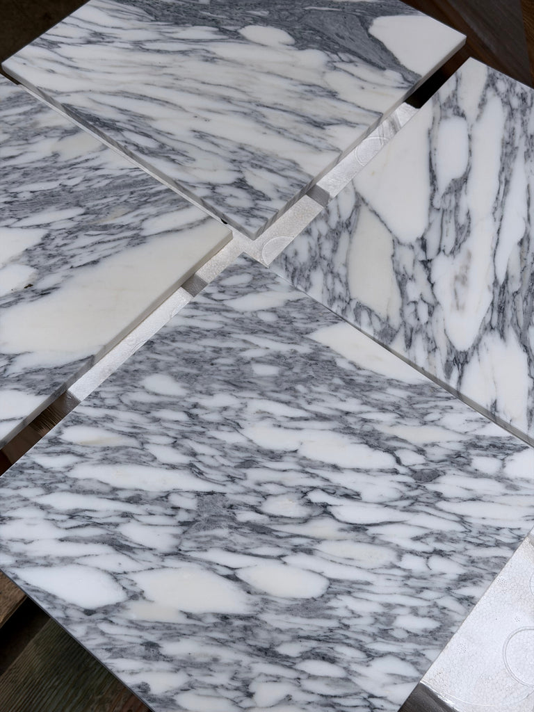 White and gray patterned Arabescato Corchia 12x12 marble tiles polished or honed