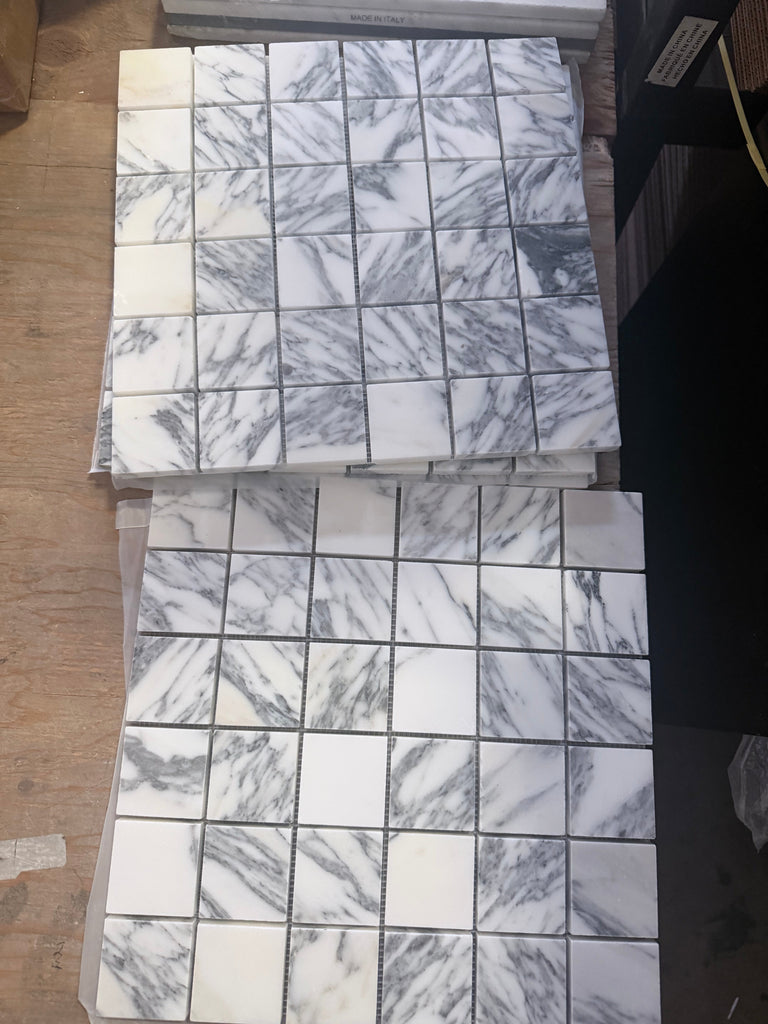 White and gray Arabescato Corchia marble mosaic tile, 12x12 polished or honed