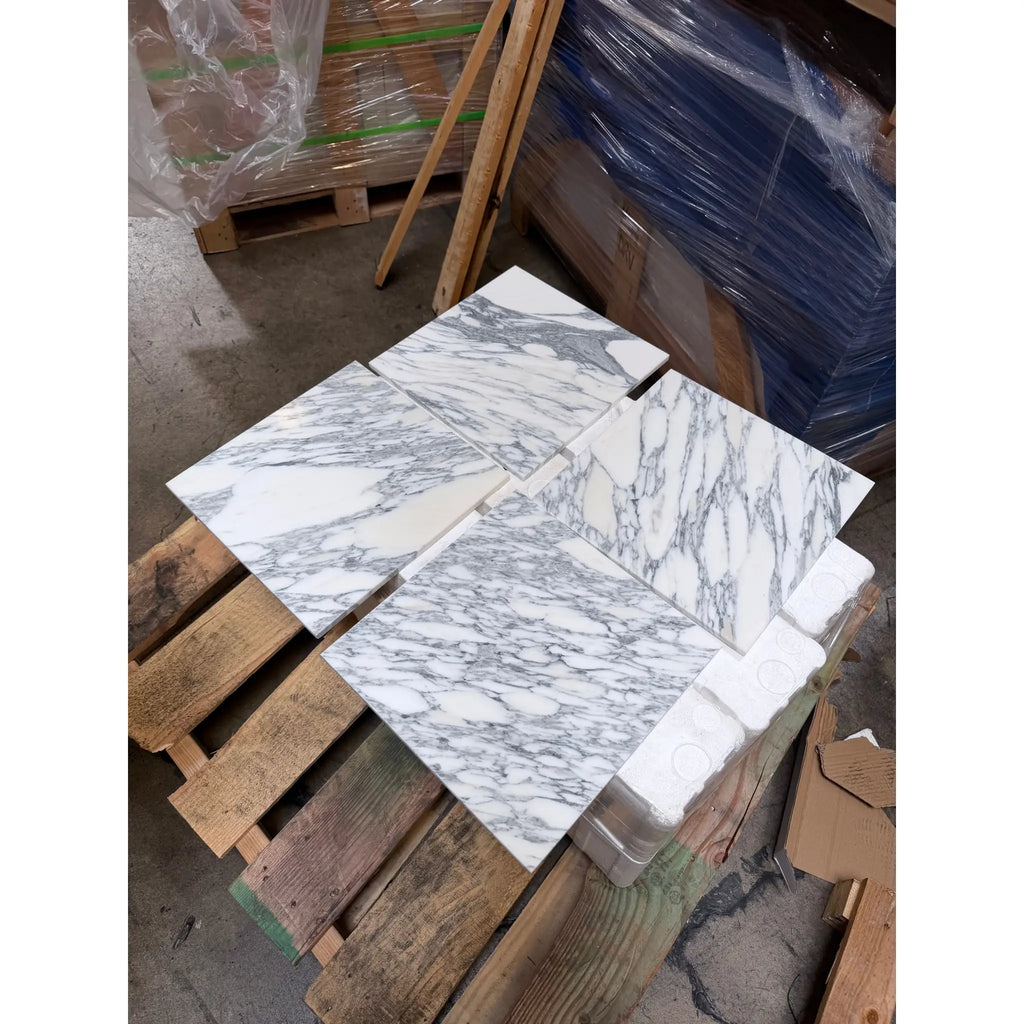 White marble tiles with gray veining from Arabescato Corchia 12x12 Polished or Honed collection