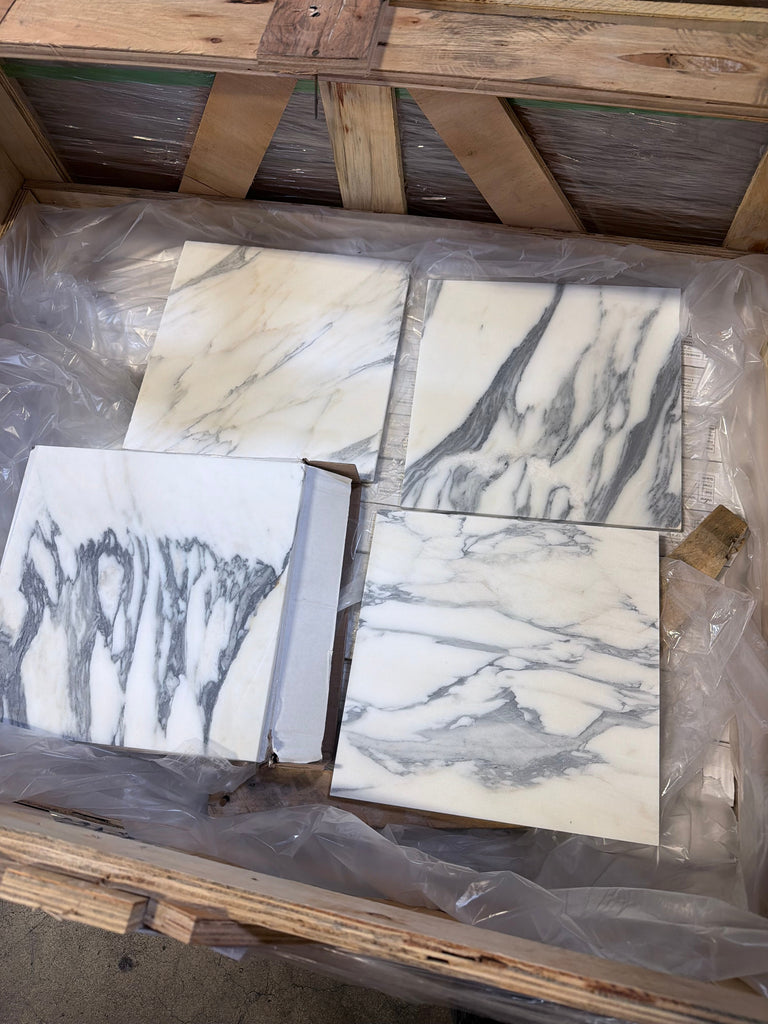 Arabescato Corchia 12x12 polished marble tile with gray veins in crate