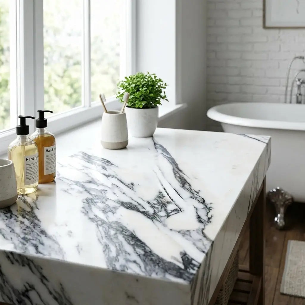 White marble countertop with striking black veining featuring Arabescato Corchia 12x24 polished or honed marble tile