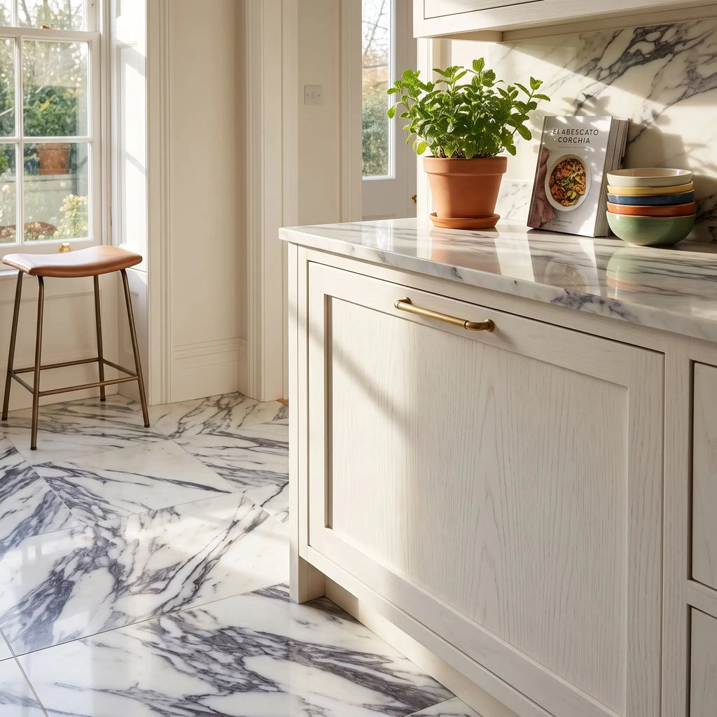 Arabescato corchia 12x24 white marble tile with gray veining on countertop and gold-toned cabinet handle