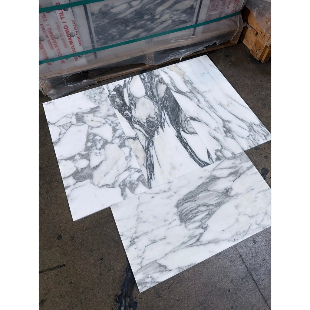 Arabescato Corchia 12x24 polished marble tile with white gray veined pattern