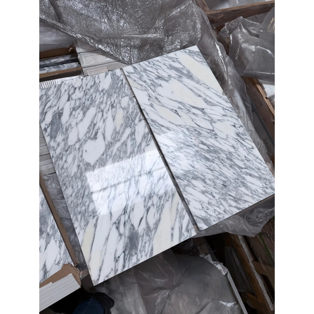 Polished Arabescato Corchia 12x24 marble tile with white and gray veining
