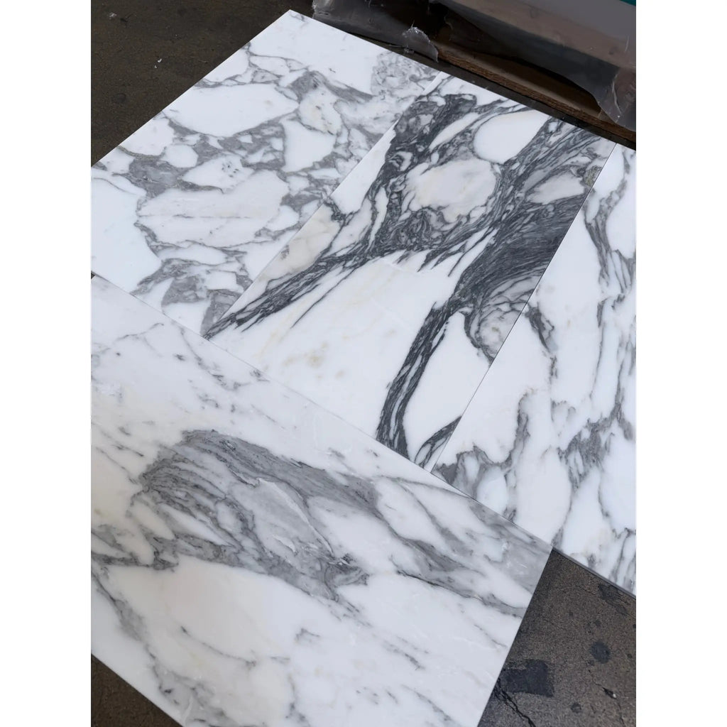 Polished Arabescato Corchia 12x24 marble tile with white slabs and black gray veining