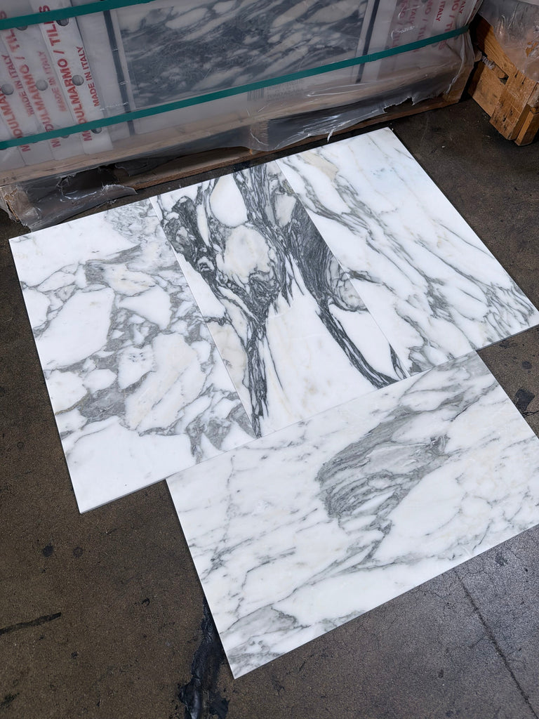 Arabescato Corchia 12x24 polished marble tile with white gray veined pattern