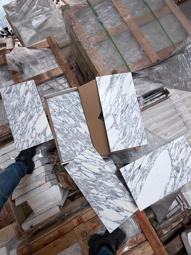 Polished white and gray veined Arabescato Corchia marble tile, 12x24 slabs