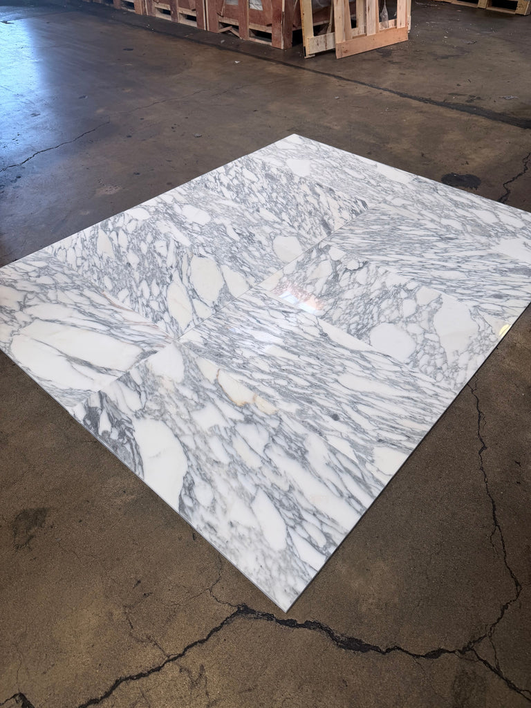 Polished Arabescato Corchia marble tile, white with gray veining, 12x24 size