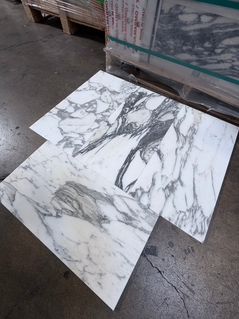 Polished Arabescato Corchia 12x24 marble tile with white slabs and black gray veining
