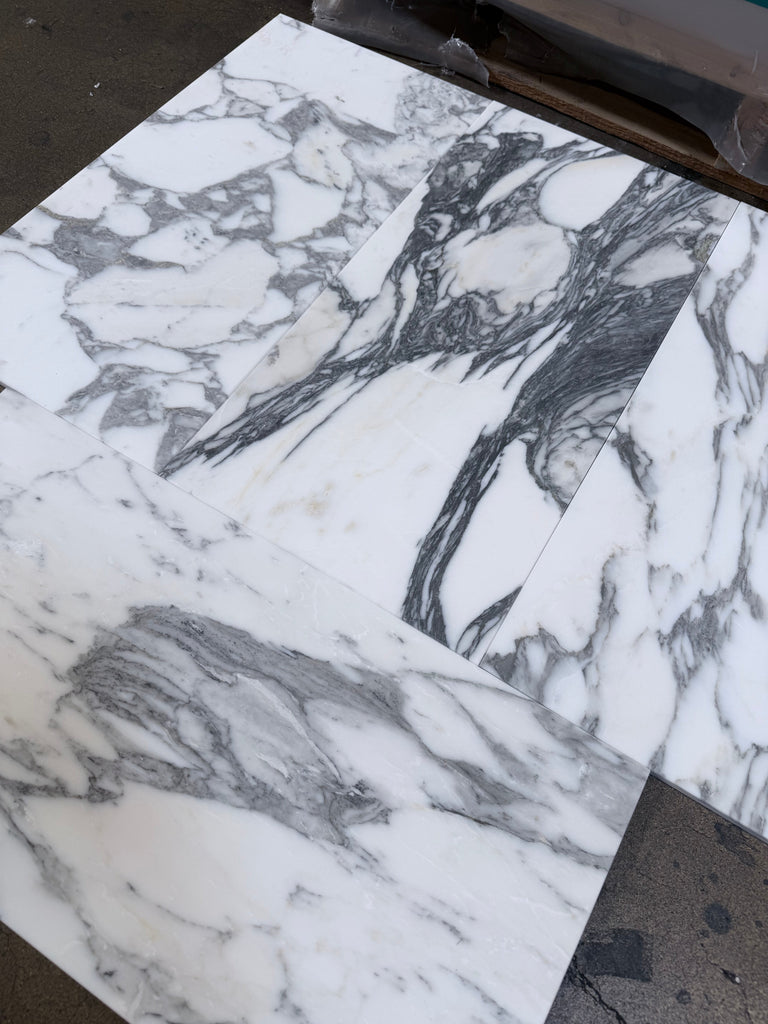 Polished Arabescato Corchia 12x24 marble tile with white slabs and black gray veining