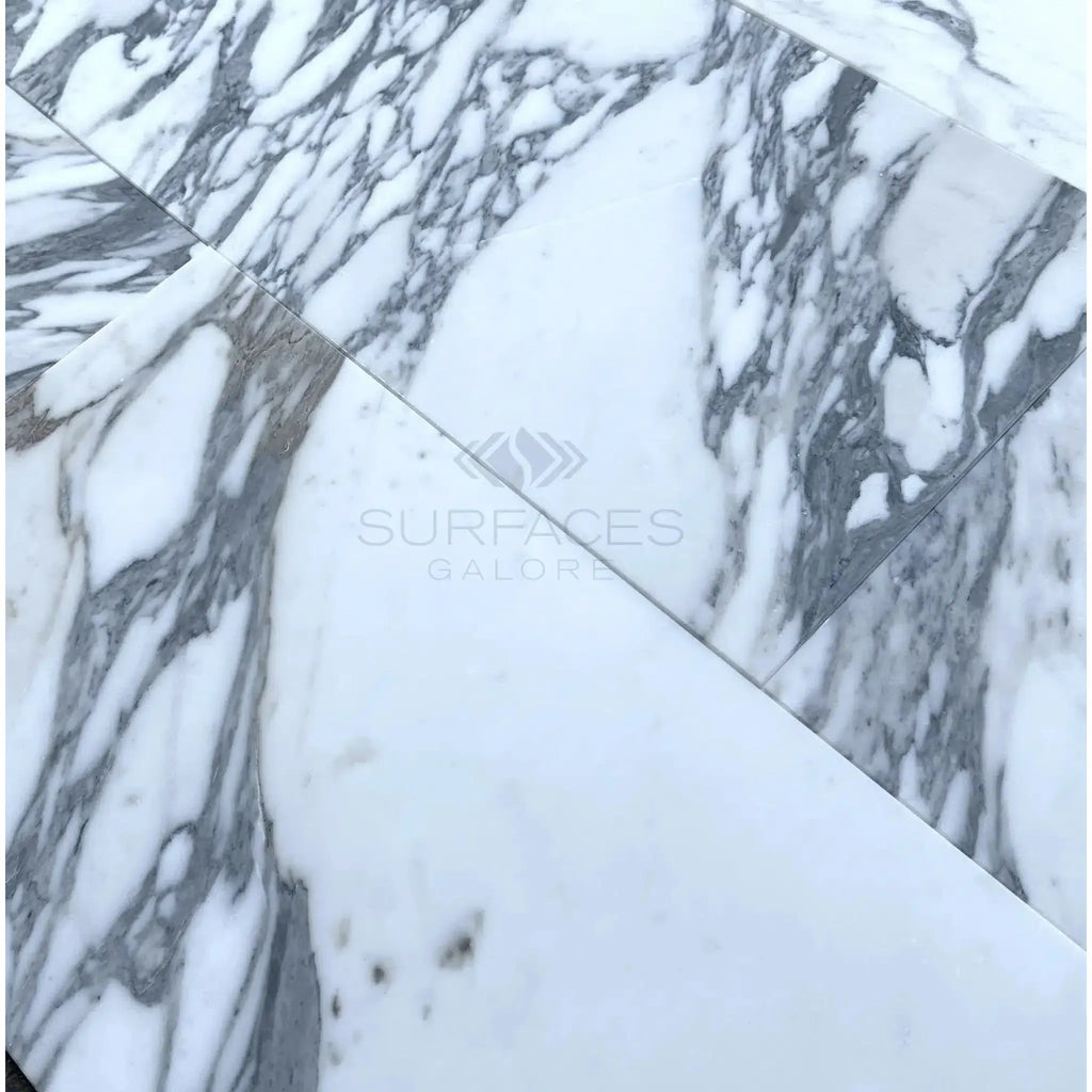 White marble tiles with gray veining in Arabescato Corchia 12X24 Marble Tile Polished or Honed