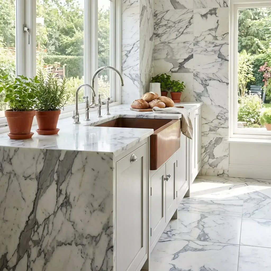 White marble arabescato corchia 18x18 polished or honed tile countertop with copper sink and silver faucet