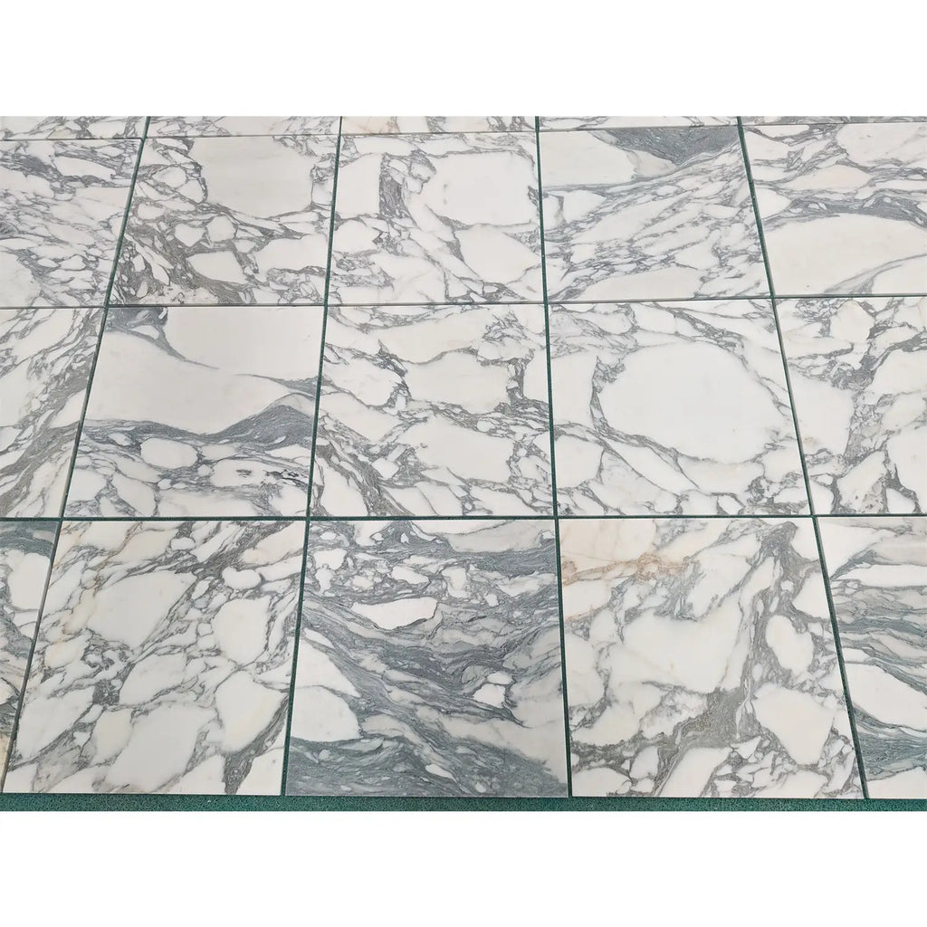 White marble arabescato corchia 18x18 tile with swirling gray veining polished or honed finish