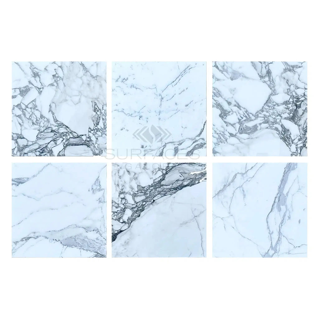 Six square Arabescato Corchia 18X18 polished or honed marble tiles arranged neatly