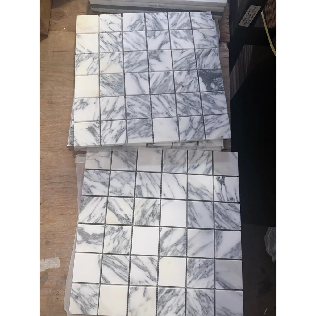 White and gray Arabescato Corchia marble mosaic tiles, 2x2 polished or honed