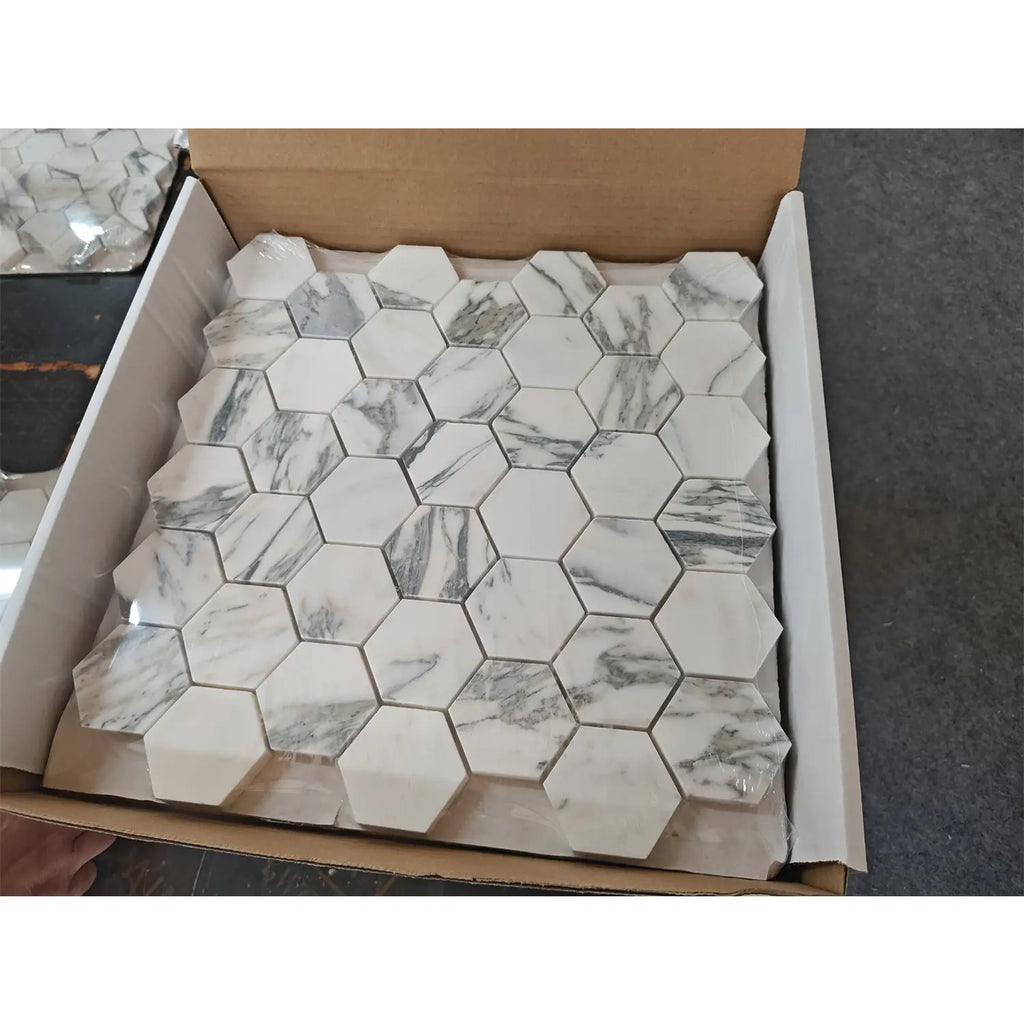 White Arabescato Corchia 2in hexagon marble mosaic tiles with gray veining