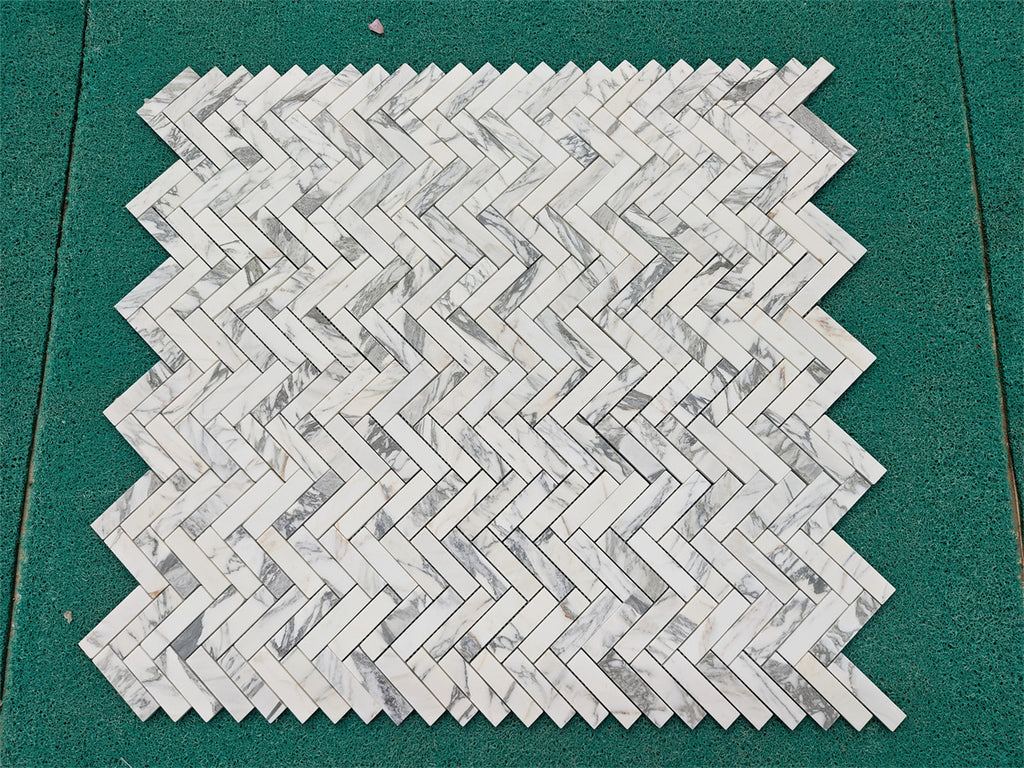 Arabescato Corchia 1x4 white gray marble herringbone mosaic tiles