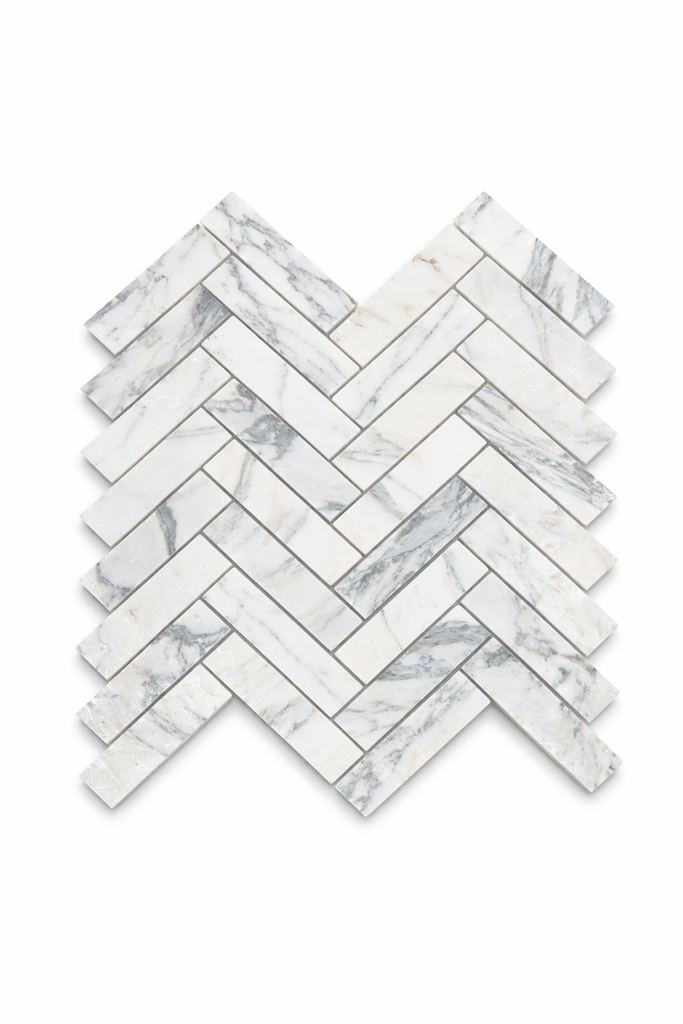 Arabescato Corchia 1x4 herringbone polished white marble mosaic tile