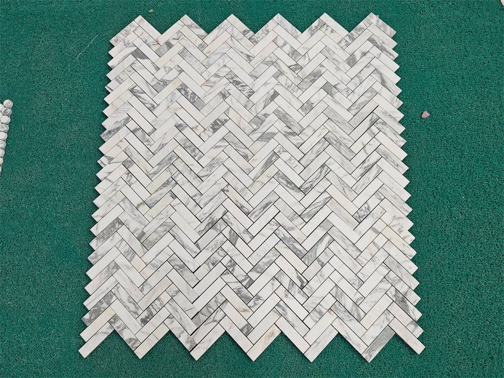 Arabescato Corchia 1x4 herringbone polished white marble mosaic tiles