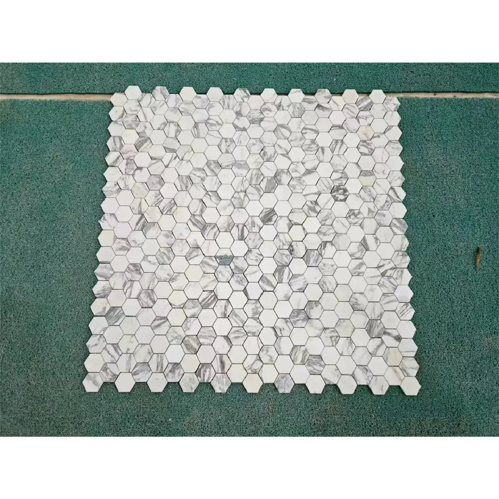 White and gray Arabescato Corchia 2-inch hexagon polished marble mosaic tile