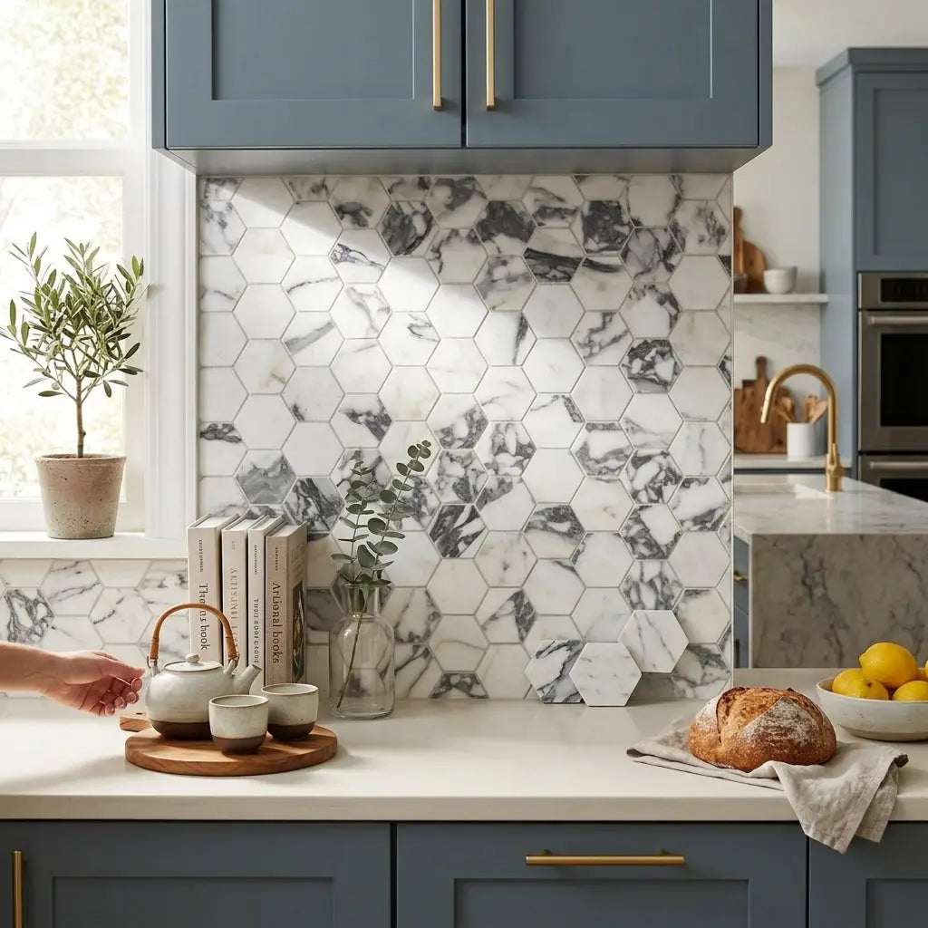 White and gray marble arabescato corchia 2 inch hexagon polished or honed tile backsplash in a hexagonal pattern