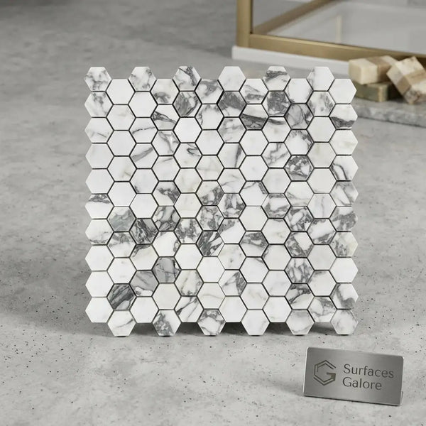 White and gray marble hexagonal mosaic tile panel arabescato corchia 2 inch polished or honed finish