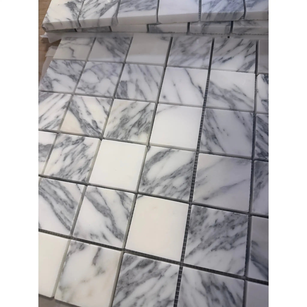Arabescato Corchia 2x2 polished white gray marble mosaic tiles with natural veining
