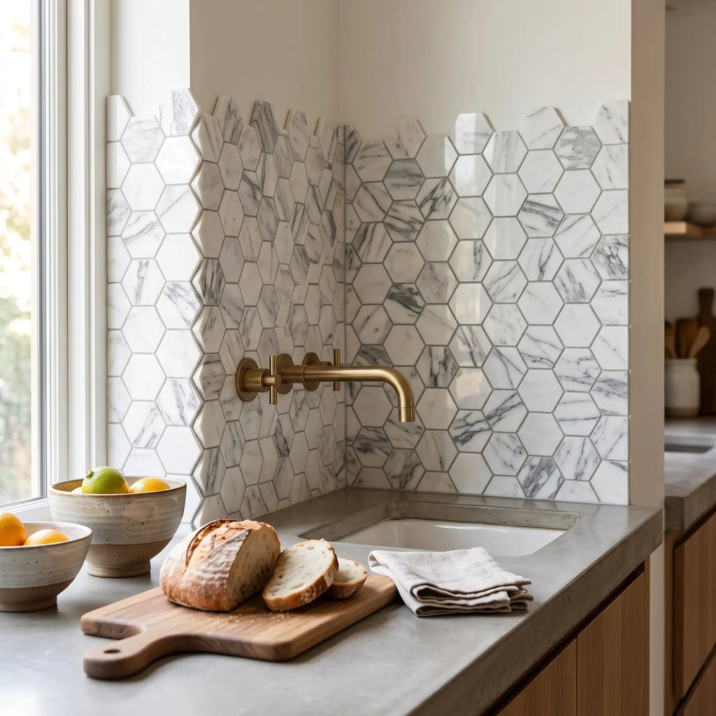 Arabescato corchia 2 inch hexagon polished or honed white and gray marble tile backsplash with brass faucet