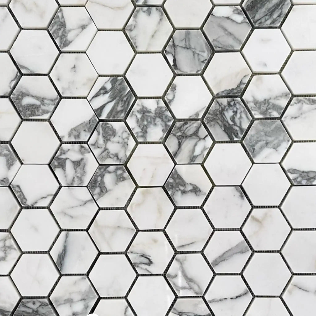 Arabescato Corchia 2in hexagon white marble mosaic with gray veins in dark grout