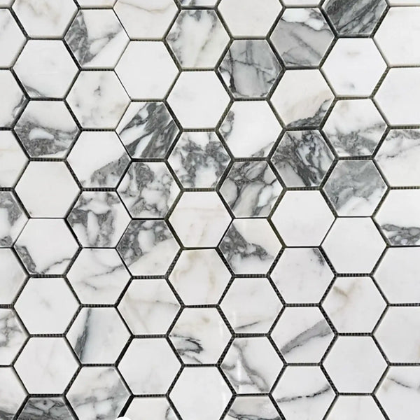 Arabescato Corchia 2in hexagon white marble mosaic with gray veins in dark grout