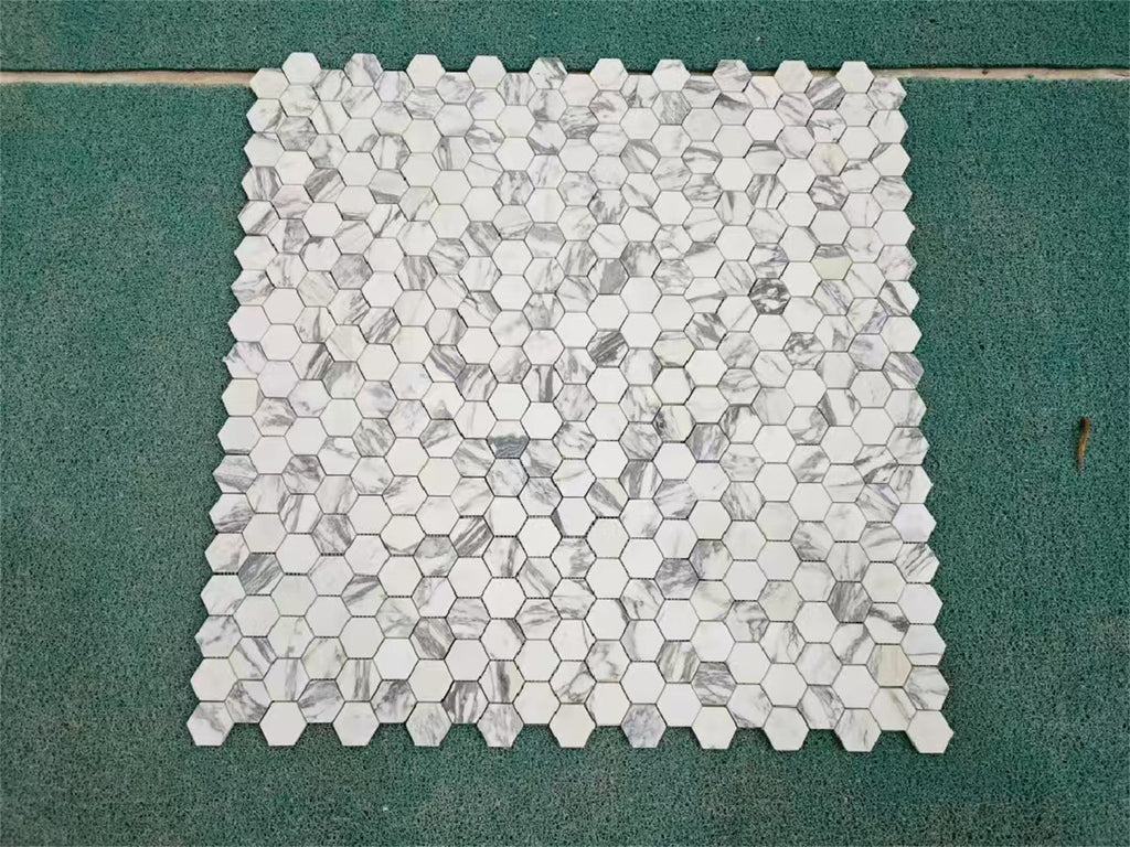 White and gray Arabescato Corchia 2-inch hexagon polished marble mosaic tile