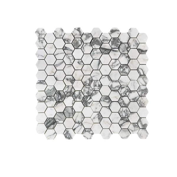 White and gray Arabescato Corchia 2-inch hexagon polished mosaic tile
