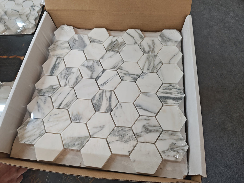 White Arabescato Corchia 2in hexagon marble mosaic tiles with gray veining