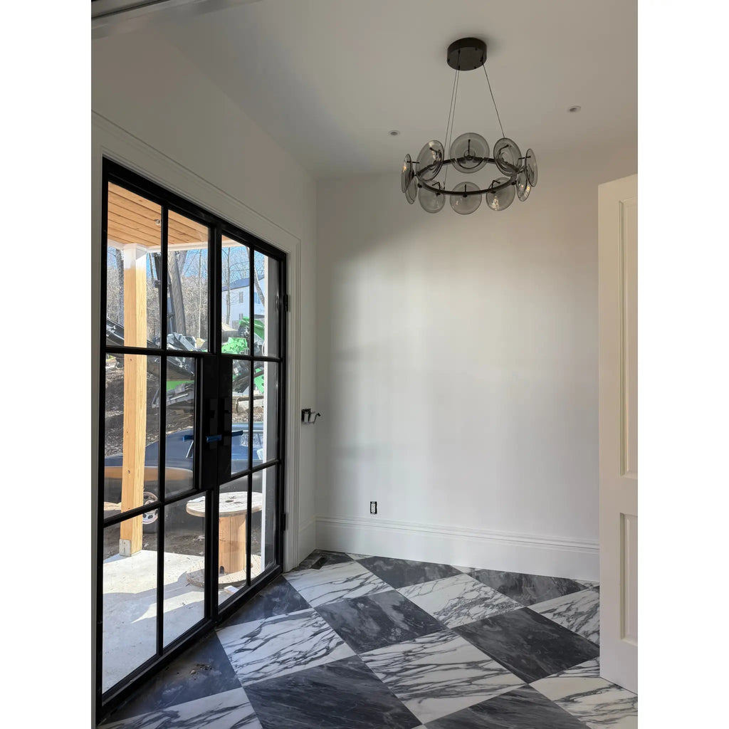Polished Arabescato Corchia 24x24 marble tile with black and white geometric pattern
