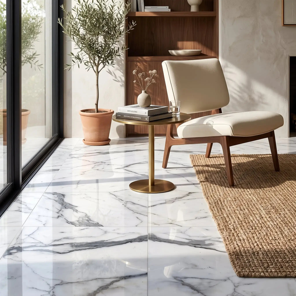 A sleek round side table with a polished gold metal base and reflective Arabescato Corchia marble top
