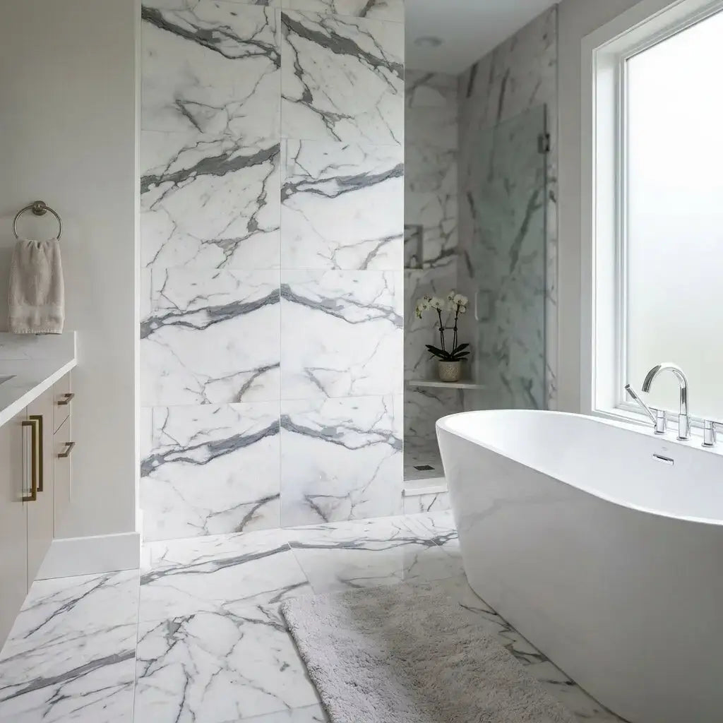 White freestanding bathtub with sleek modern curves paired with polished or honed Arabescato Corchia 24x24 marble tile