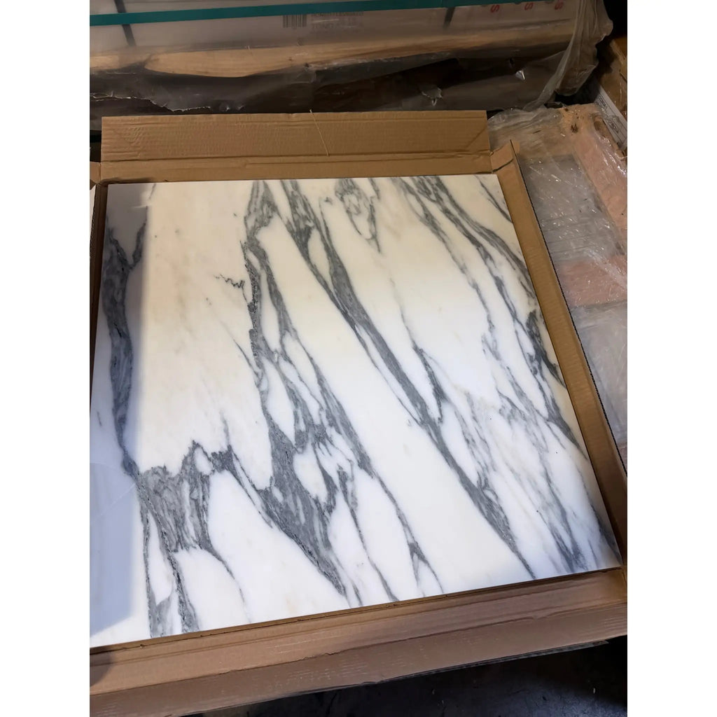 Polished Arabescato Corchia 24x24 marble tile with white stone and gray veining