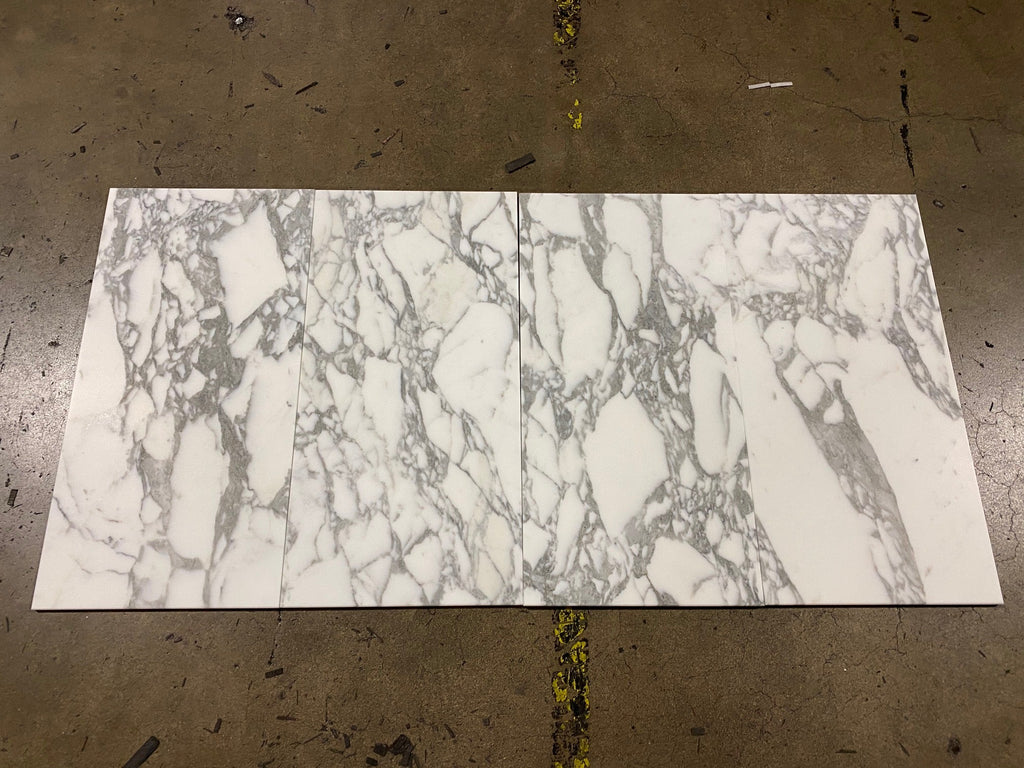 White marble tiles with elegant gray veining from Arabescato Corchia 24x24 collection