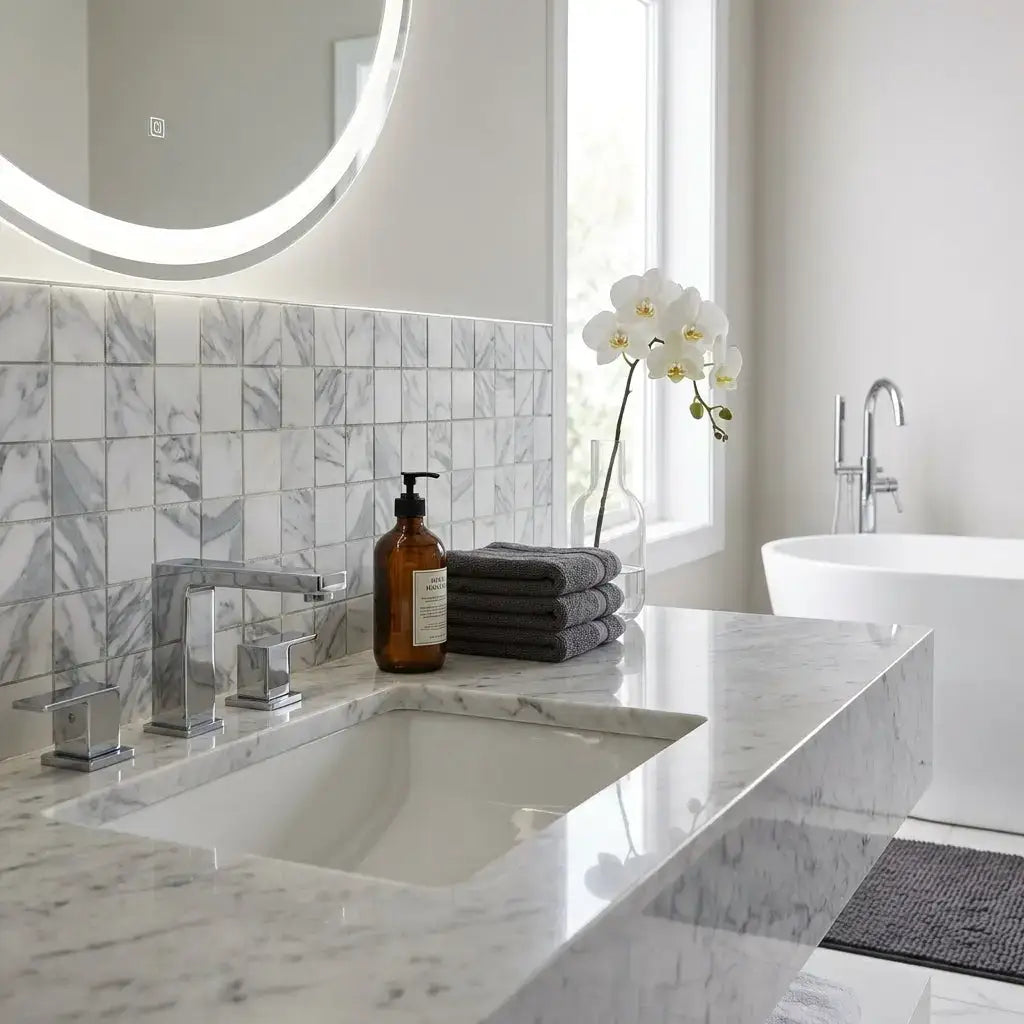 A sleek modern bathroom sink with white marble arabescato corchia 2x2 polished or honed countertop and integrated basin