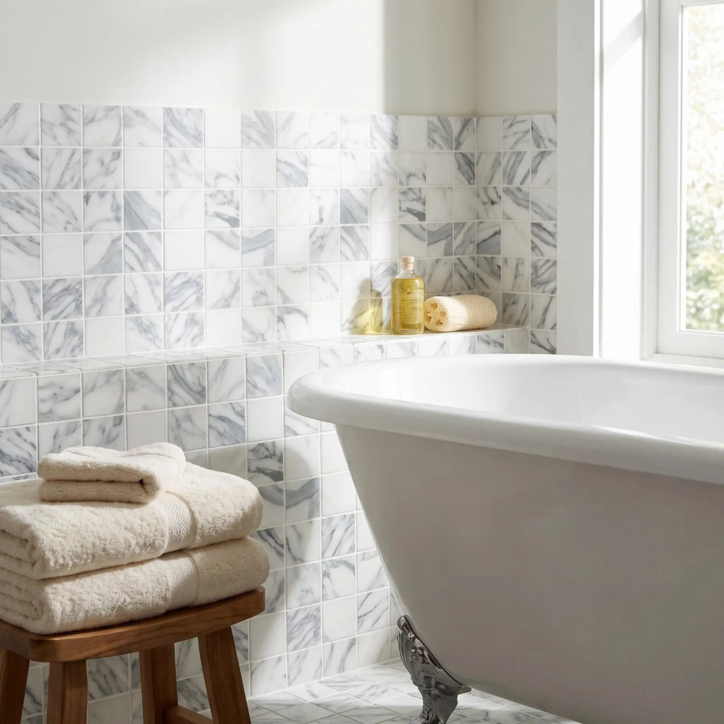 White clawfoot bathtub with classic curved design and ornate silver-colored feet in arabescato corchia 2x2 polished or honed