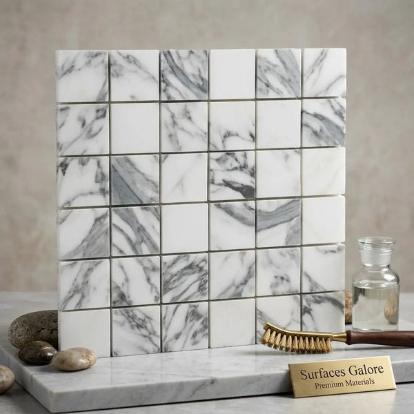 White and gray marble mosaic tile panel Arabescato Corchia 2x2 with a sleek polished finish