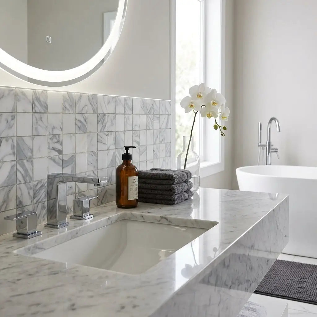 White marble arabescato corchia 2x2 polished bathroom sink with sleek chrome faucet and matching countertop