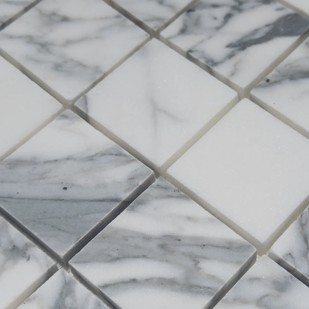 Alternating marble and white square tiles of Arabescato Corchia 2X2 Polished or Honed