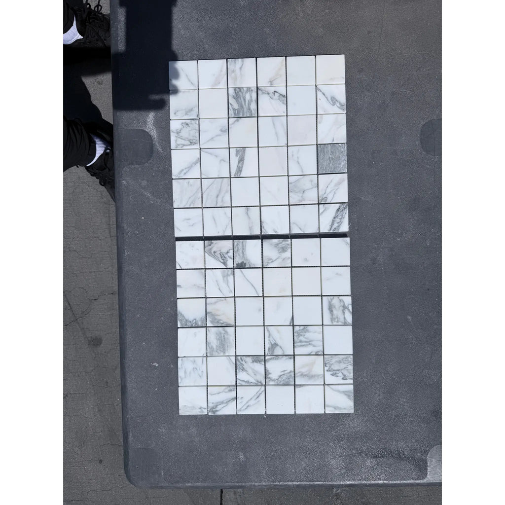 Two sheets of white and gray marble mosaic tiles for Arabescato Corchia 2x2 product