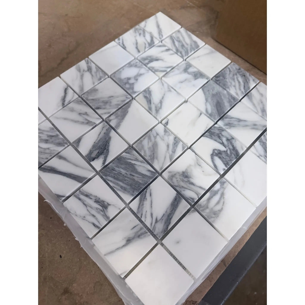 White and gray Arabescato Corchia marble mosaic tiles, 2x2 polished or honed