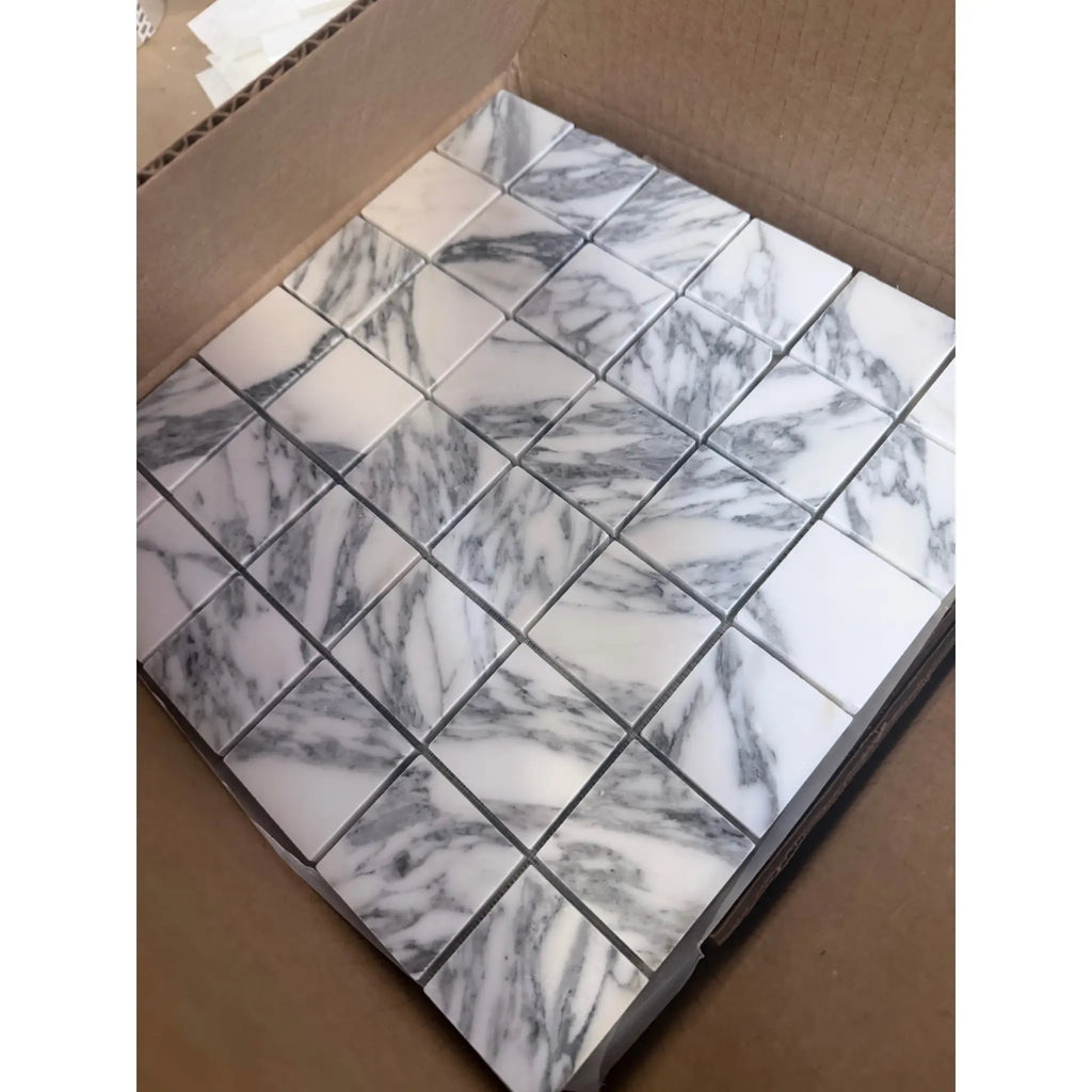 White and gray Arabescato Corchia marble mosaic tiles, 2x2 polished glossy finish