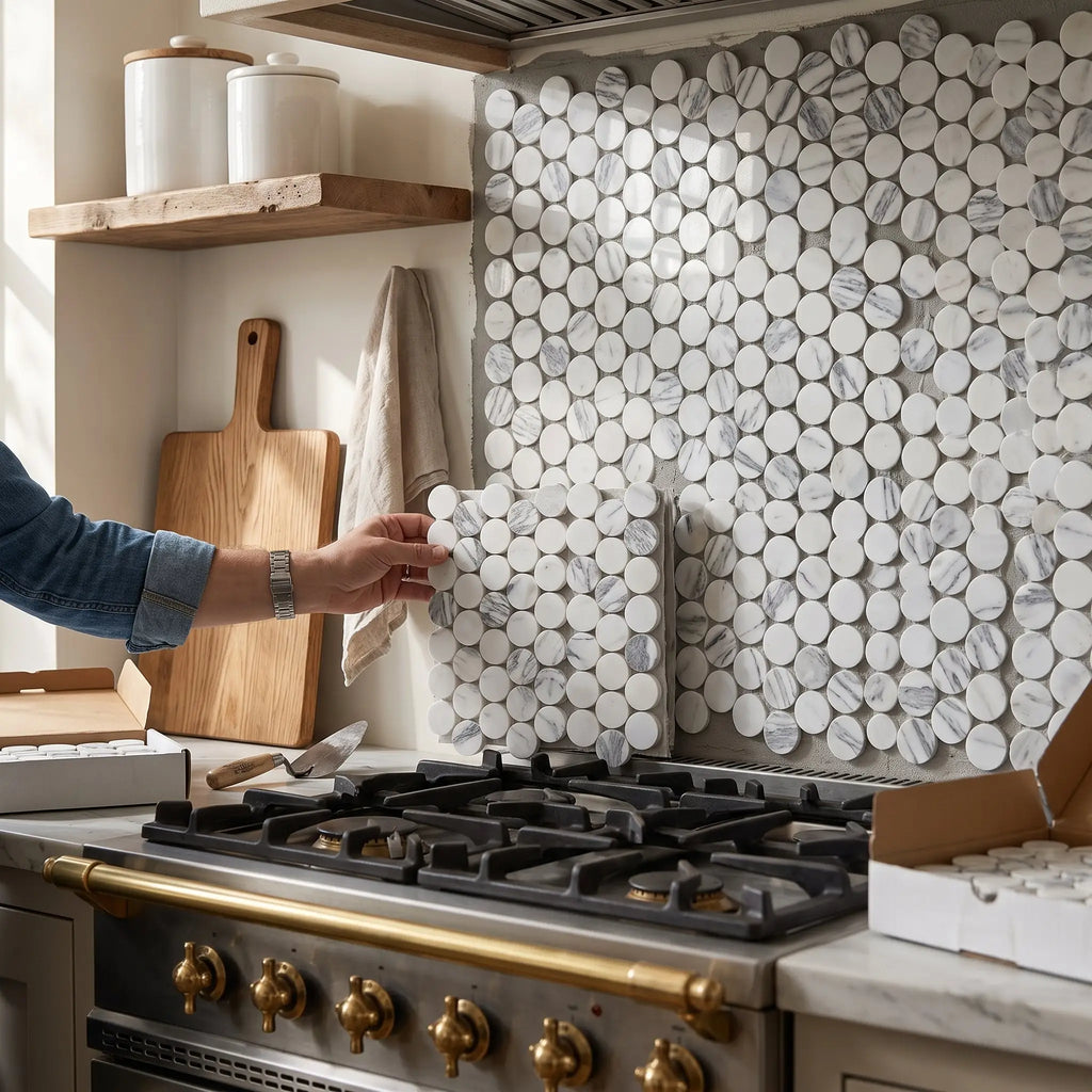 Circular white marble mosaic tiles with gray veining arabescato corchia large penny round polished or honed finish